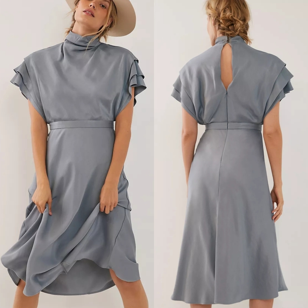 🆕️ Anthropologie Madeliene Satin Sleek Flutter Midi Dress